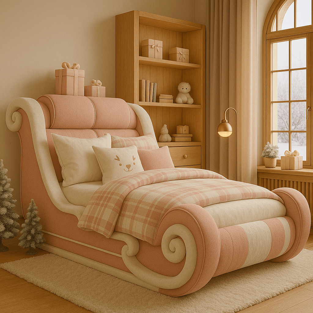 Soft pink sleigh bed with cream accents and pastel plaid bedding in a cosy bedroom.