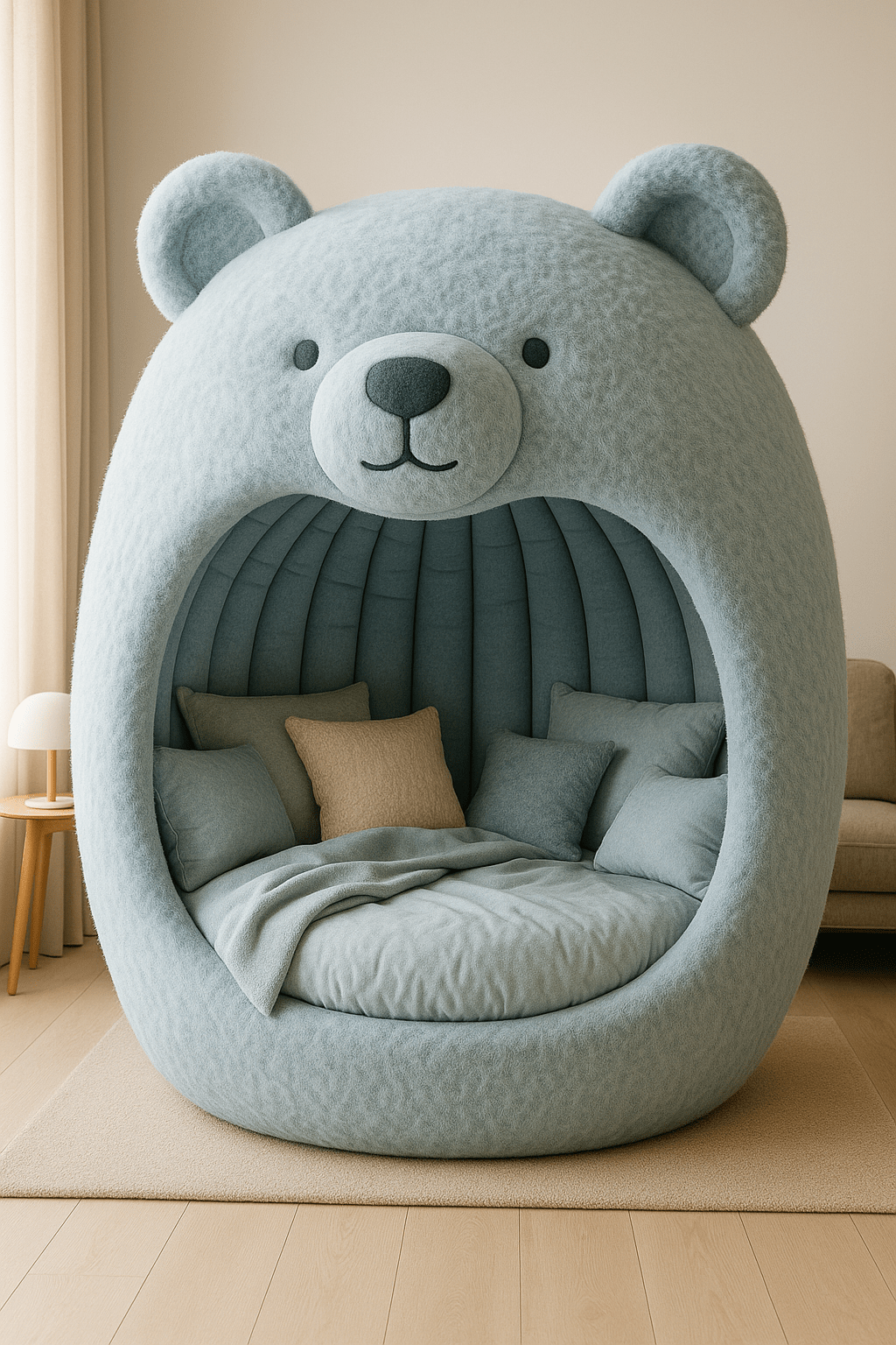 A soft blue bear-shaped novelty bed with a calming monochrome design and plush cushions.