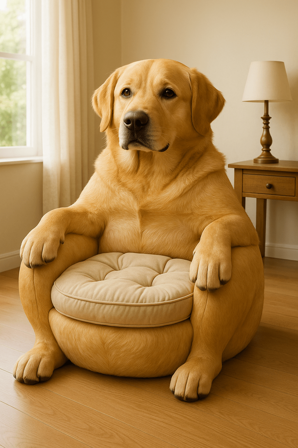 Dog-Shaped Armchairs: Golden Labrador-inspired novelty armchair with soft beige seating in a sunlit room