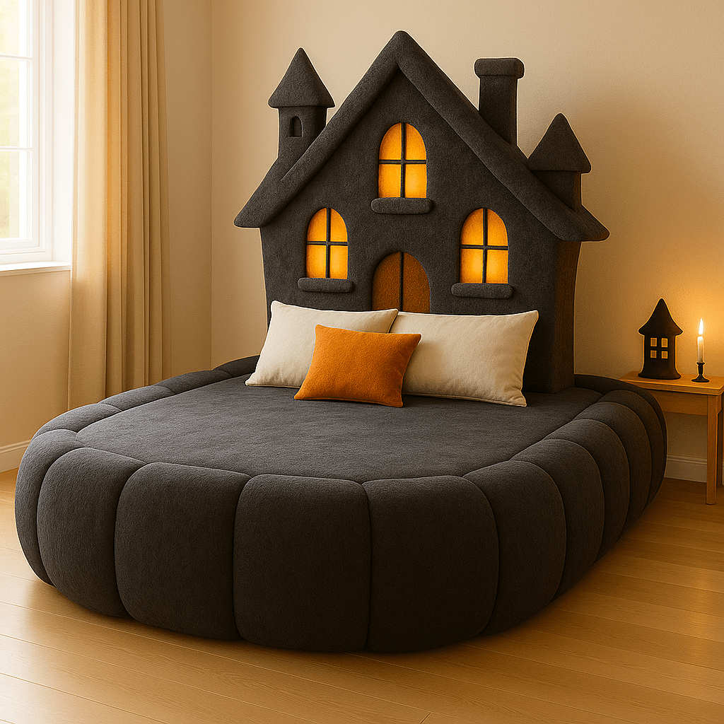 Haunted house-shaped bed with glowing windows and dark charcoal upholstery