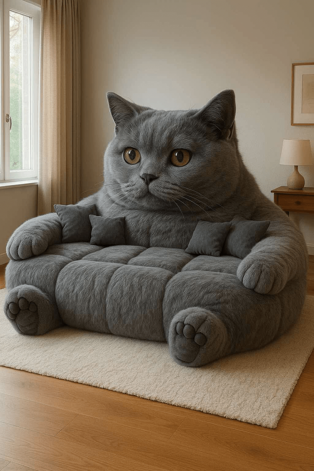 Large grey sofa with cushions in a modern living room with wooden floors and soft lighting.