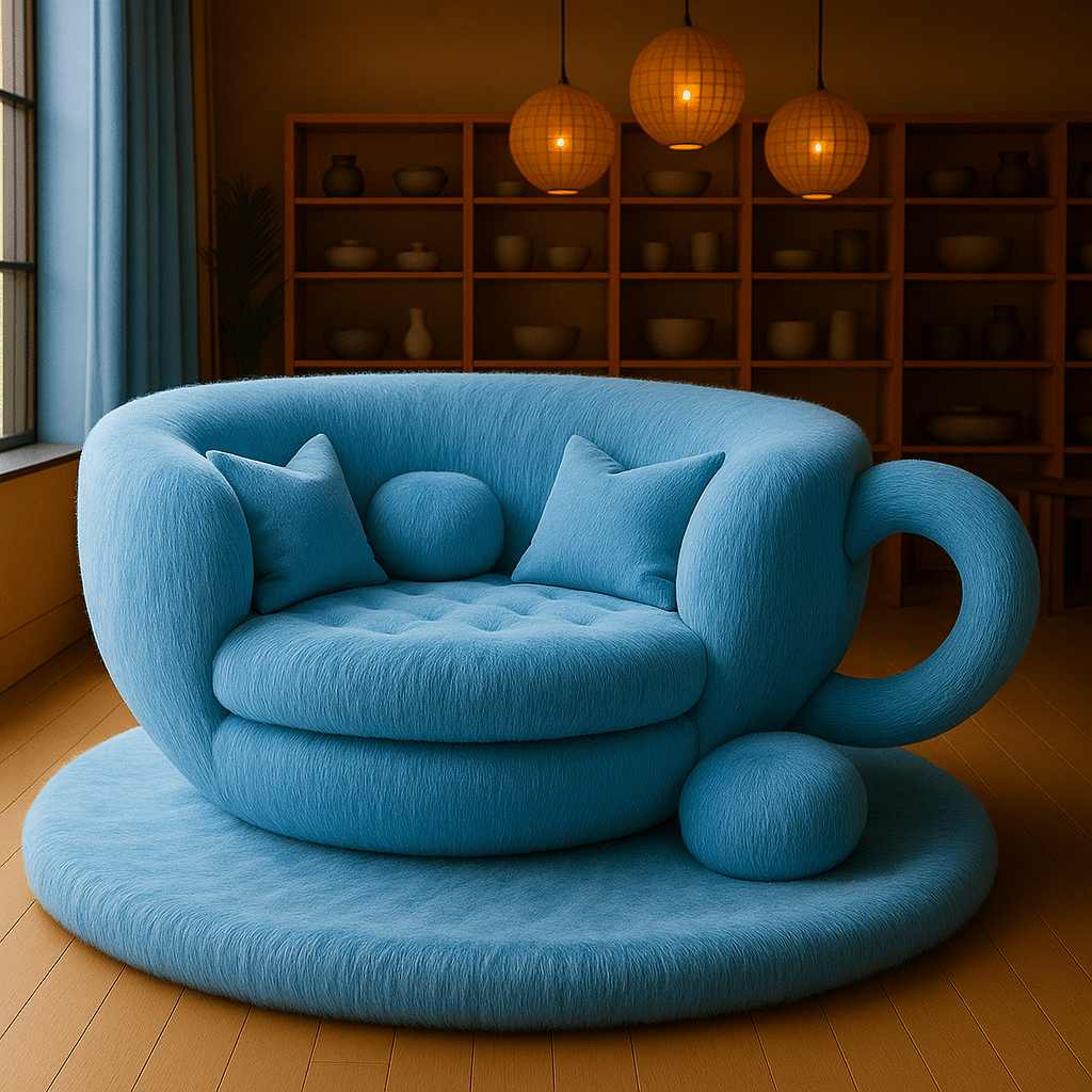 Blue teacup-shaped sofa with circular base and matching pillows under warm lighting.