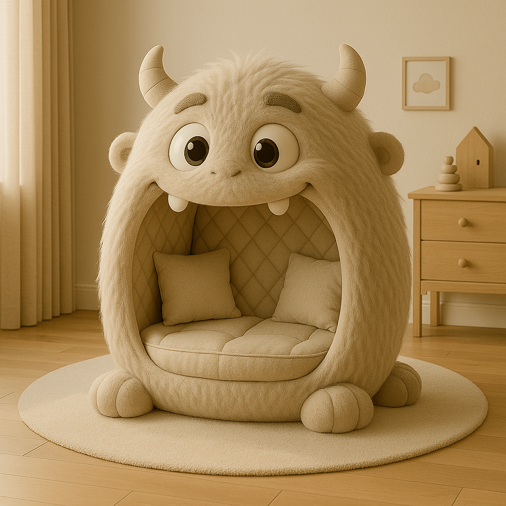 Cream-coloured monster pod chair with neutral tones and soft faux fur in a minimal modern nursery