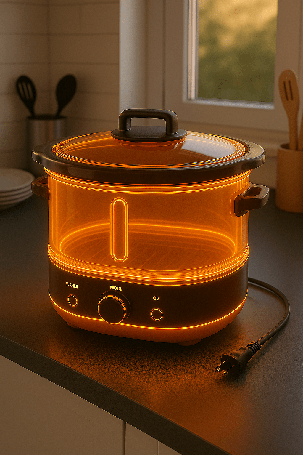 Orange-glowing LED slow cooker on a dark countertop near a window.
