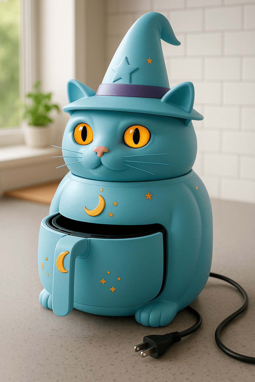 A playful blue cat-themed air fryer with yellow star and moon motifs and a purple hat.