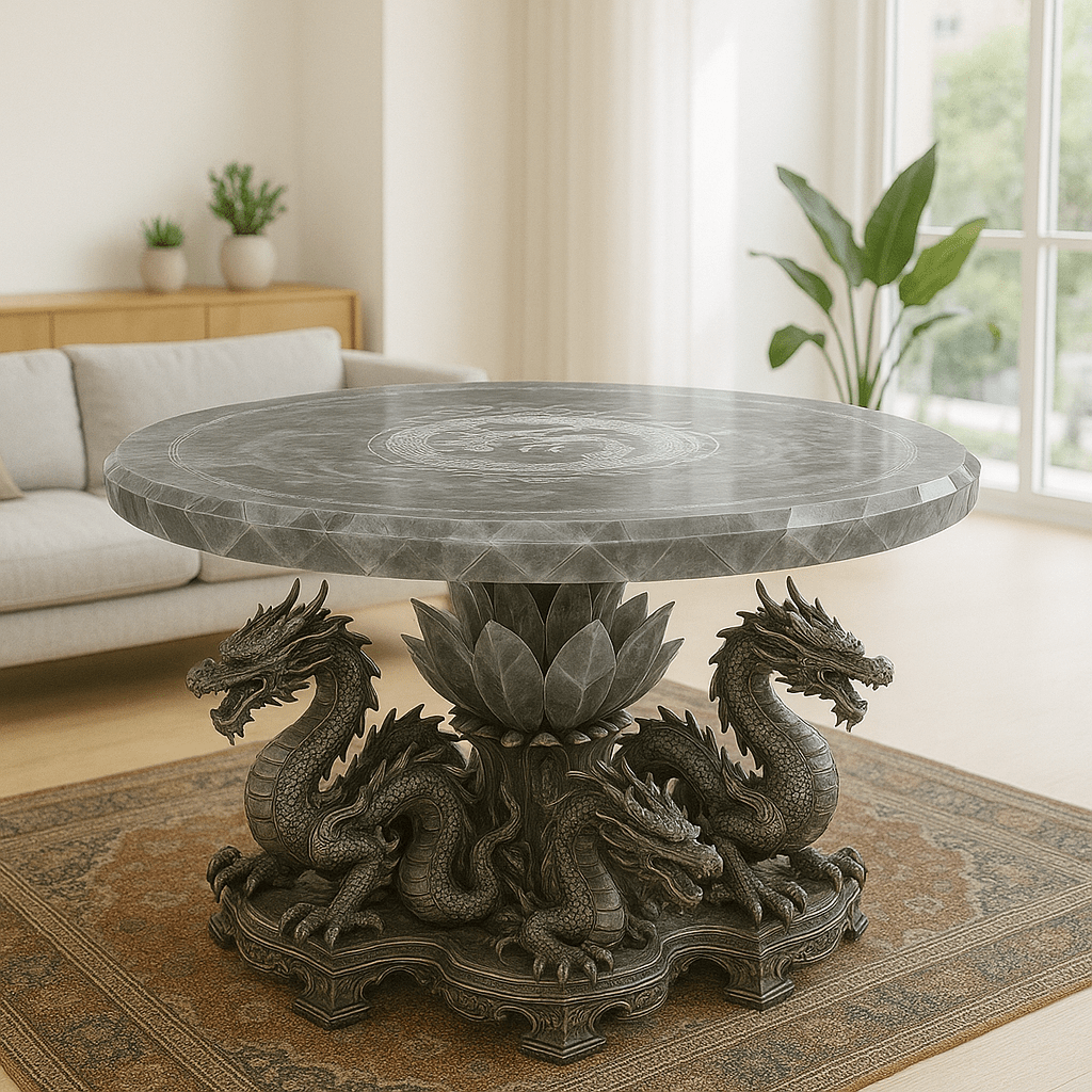 Grey dragon with sleek stone-like finish and detailed dragon base in minimalist living room