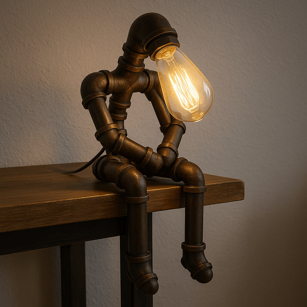 A vintage-style industrial pipe lamp shaped like a seated figure with a glowing Edison bulb head.