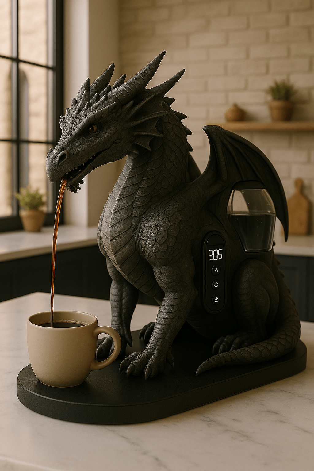 Black dragon coffee machine with matte finish brewing coffee into a beige mug in a modern kitchen