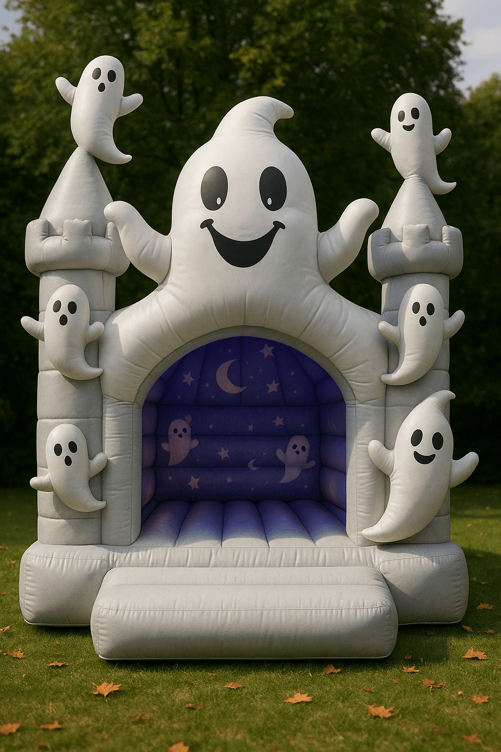 A cheerful Halloween bouncy castle with white ghost characters and moonlit star designs.