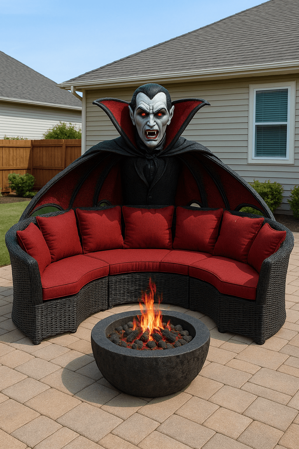 Gothic outdoor vampire sofa with red cushions and glowing-eyed vampire sculpture.