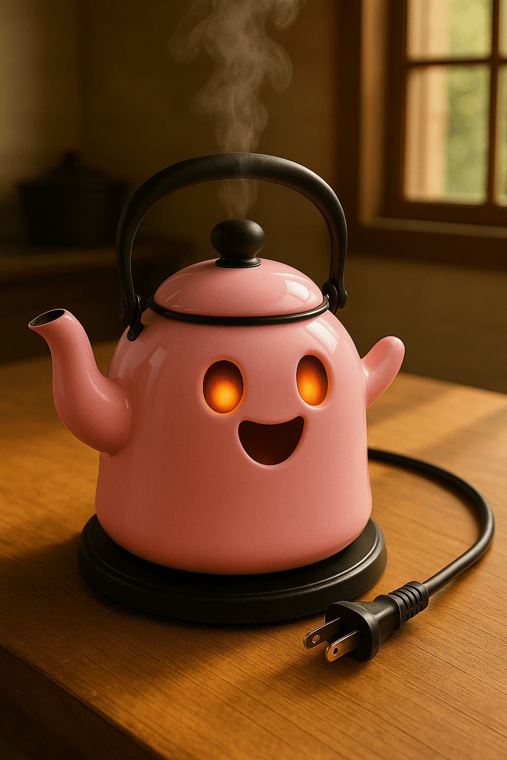 Pink ghost kettle with illuminated eyes and mouth, plugged in and steaming softly.