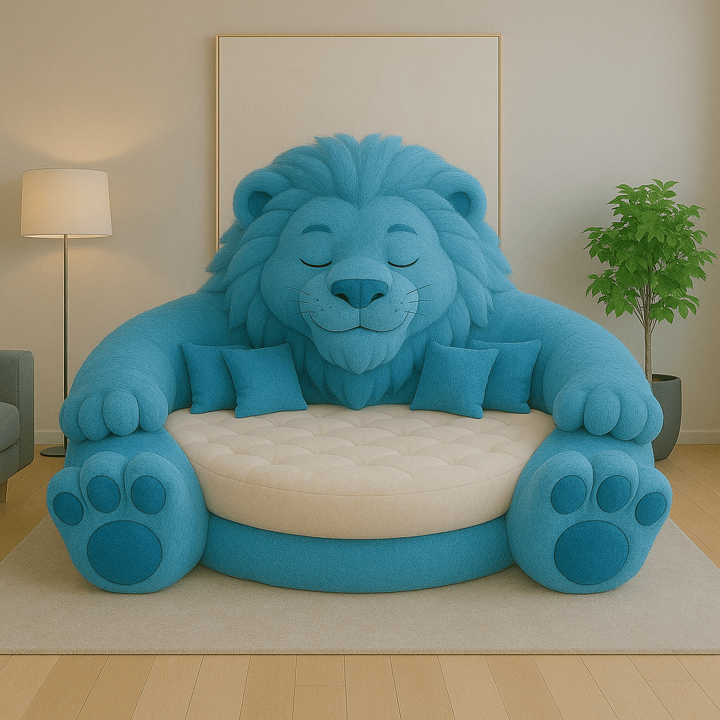 Playful blue lion sofa with soft rounded features, cream seat, and cheerful expression in a modern setting.
