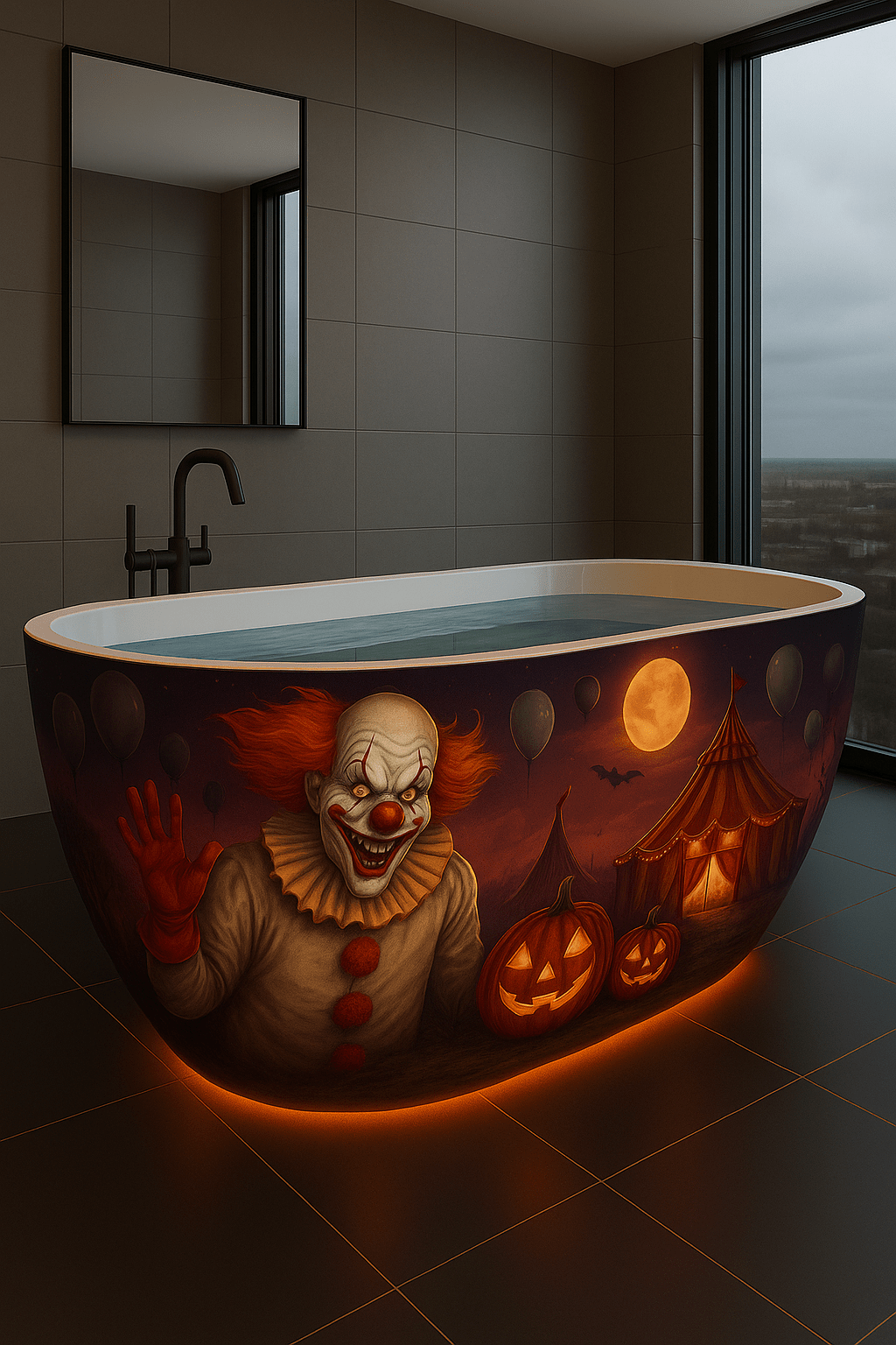 Halloween bathtub with creepy clown, pumpkins, and carnival tents under glowing moonlight