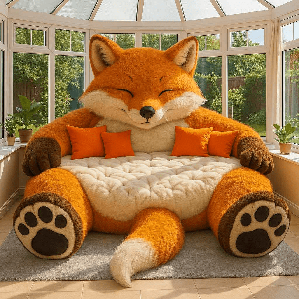 Oversized orange fox sofa with matching cushions in a modern conservatory