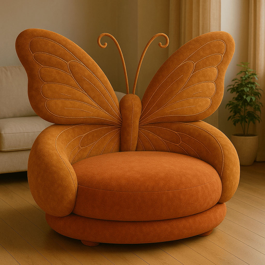 Orange butterfly sofa with plush velvet texture and curved backrest in a warm-toned room