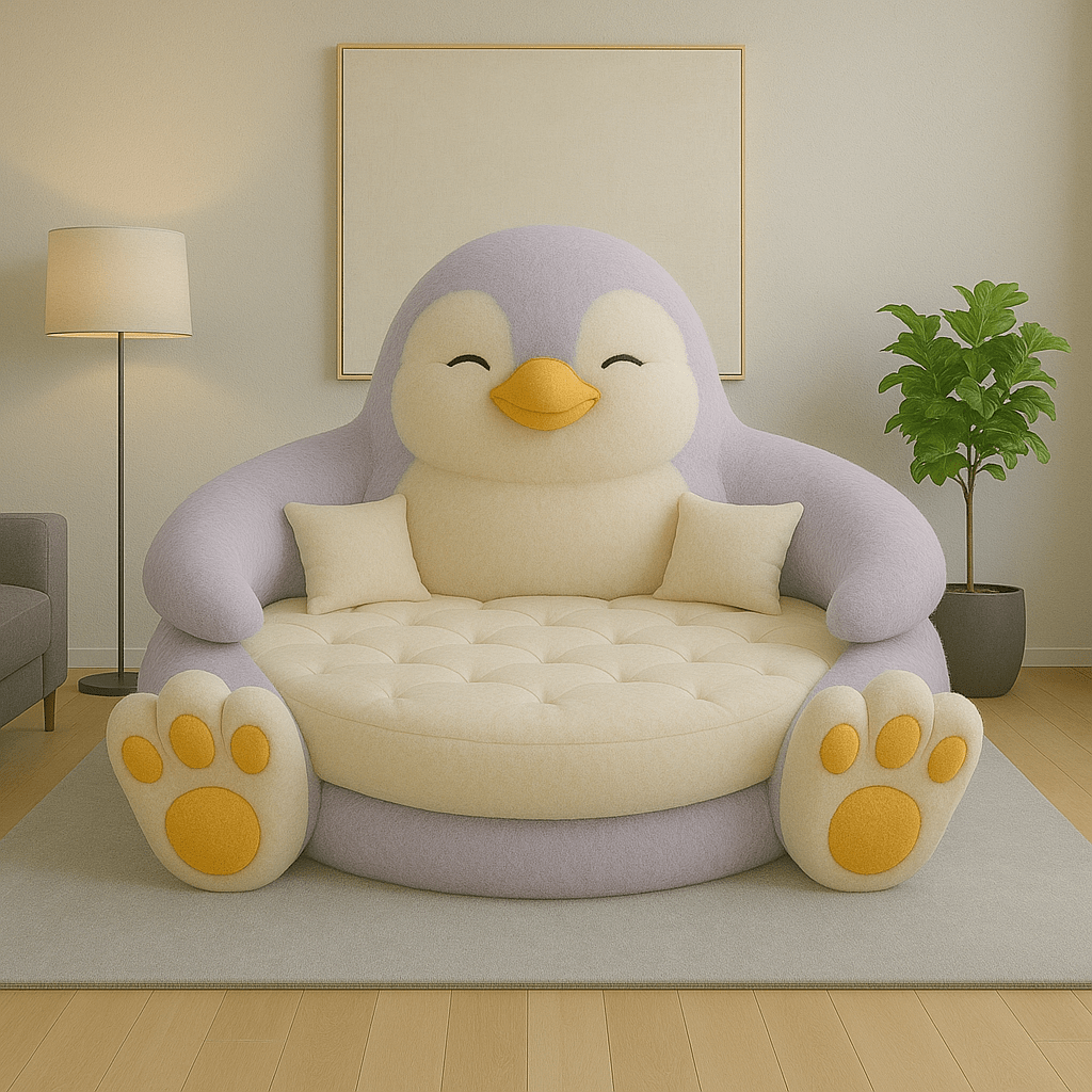 A lilac and cream penguin-shape sofa with a smiling face, styled in a calm, modern interior.
