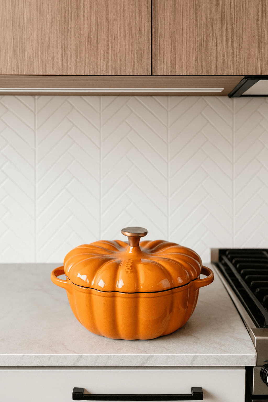 A glossy orange pumpkin-shaped casserole dish with a gold handle on a modern kitchen countertop.