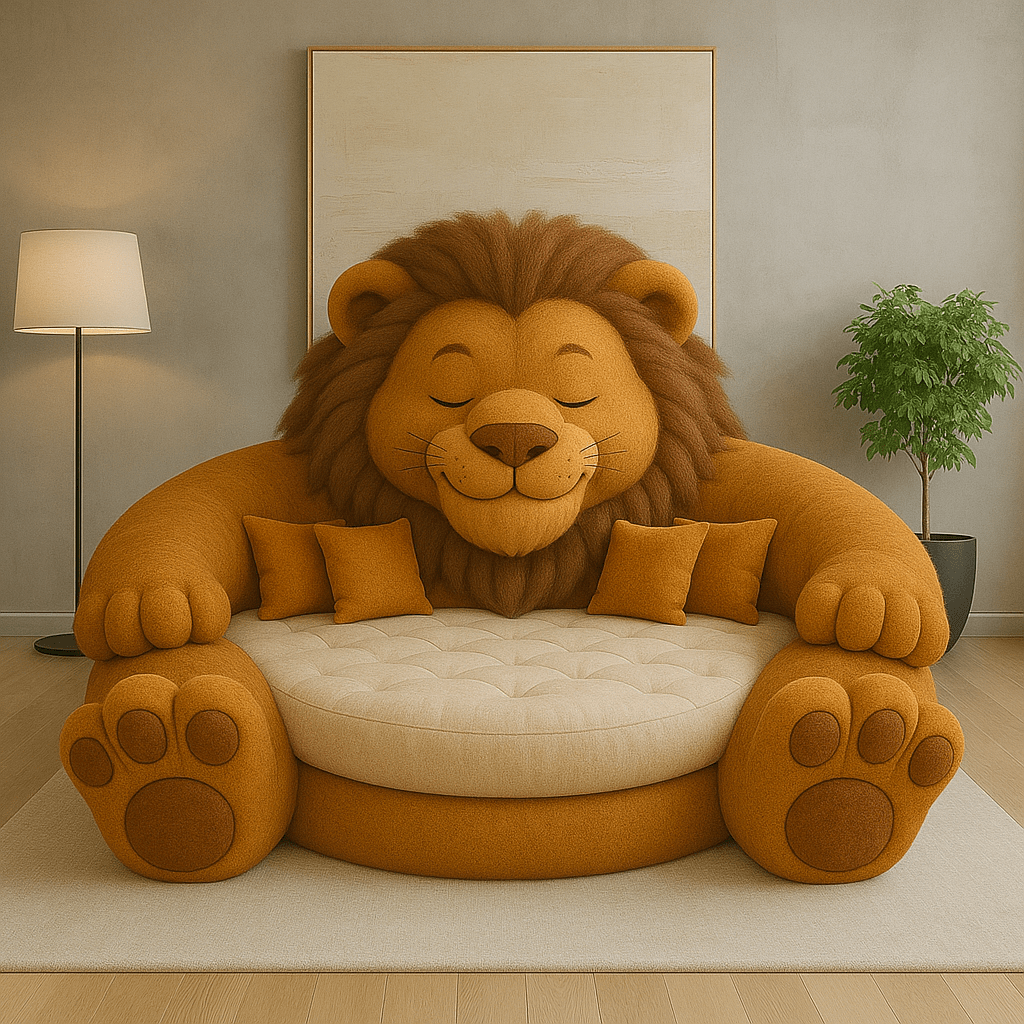 Oversized brown lion sofa with friendly facial design and matching cushions in a bright, modern home interior.