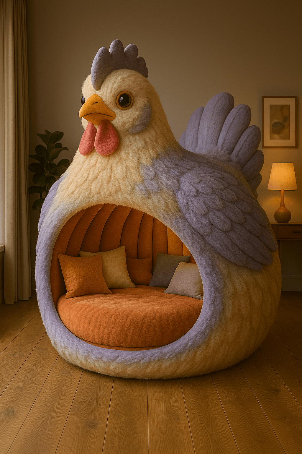 Bright orange and purple chicken-shaped novelty armchair with soft cream interior and pendant bulb lighting.