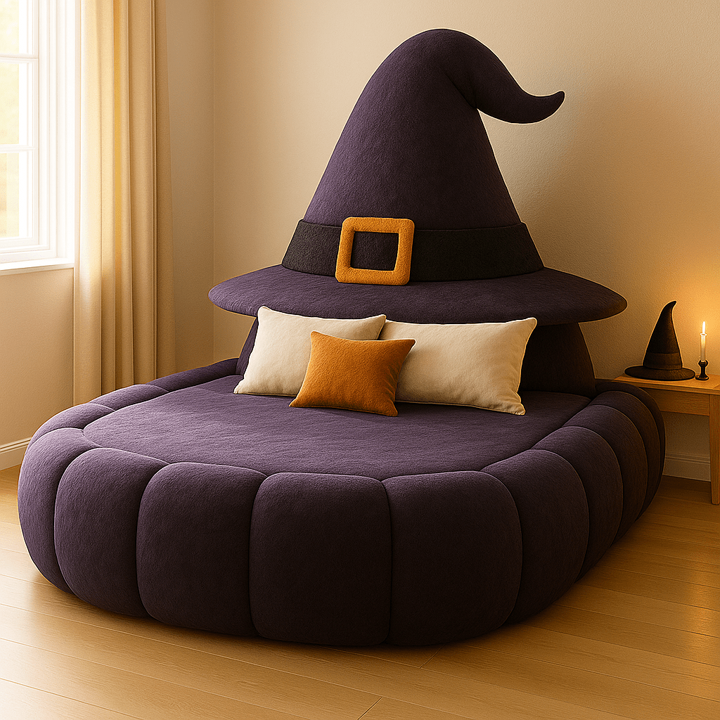 Plush witch hat-shaped bed in deep purple with orange cushions and warm natural lighting