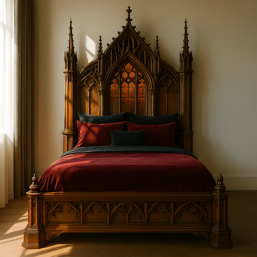 Elegant wooden Gothic bed featuring carved arches and warm stained-glass panel lighting.