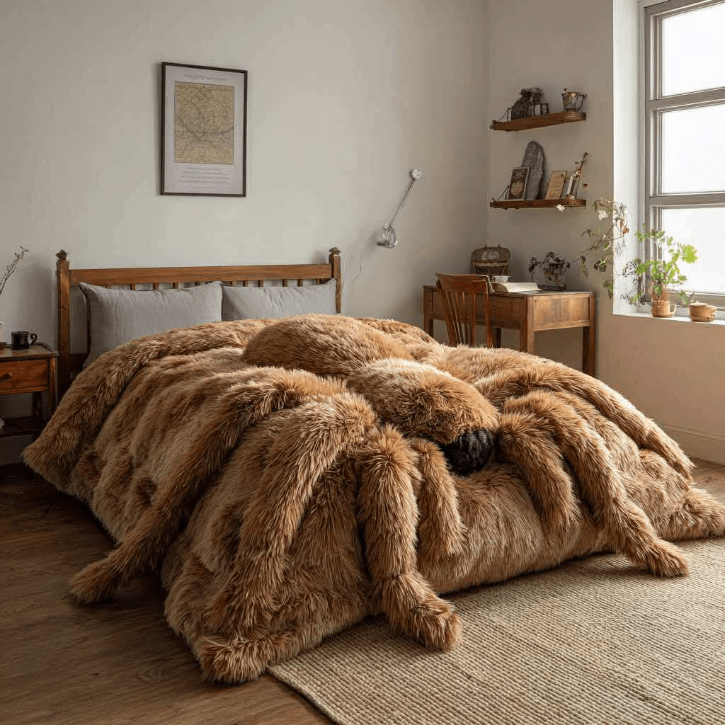 Beige faux-fur spider bed in a warm wooden bedroom with plants