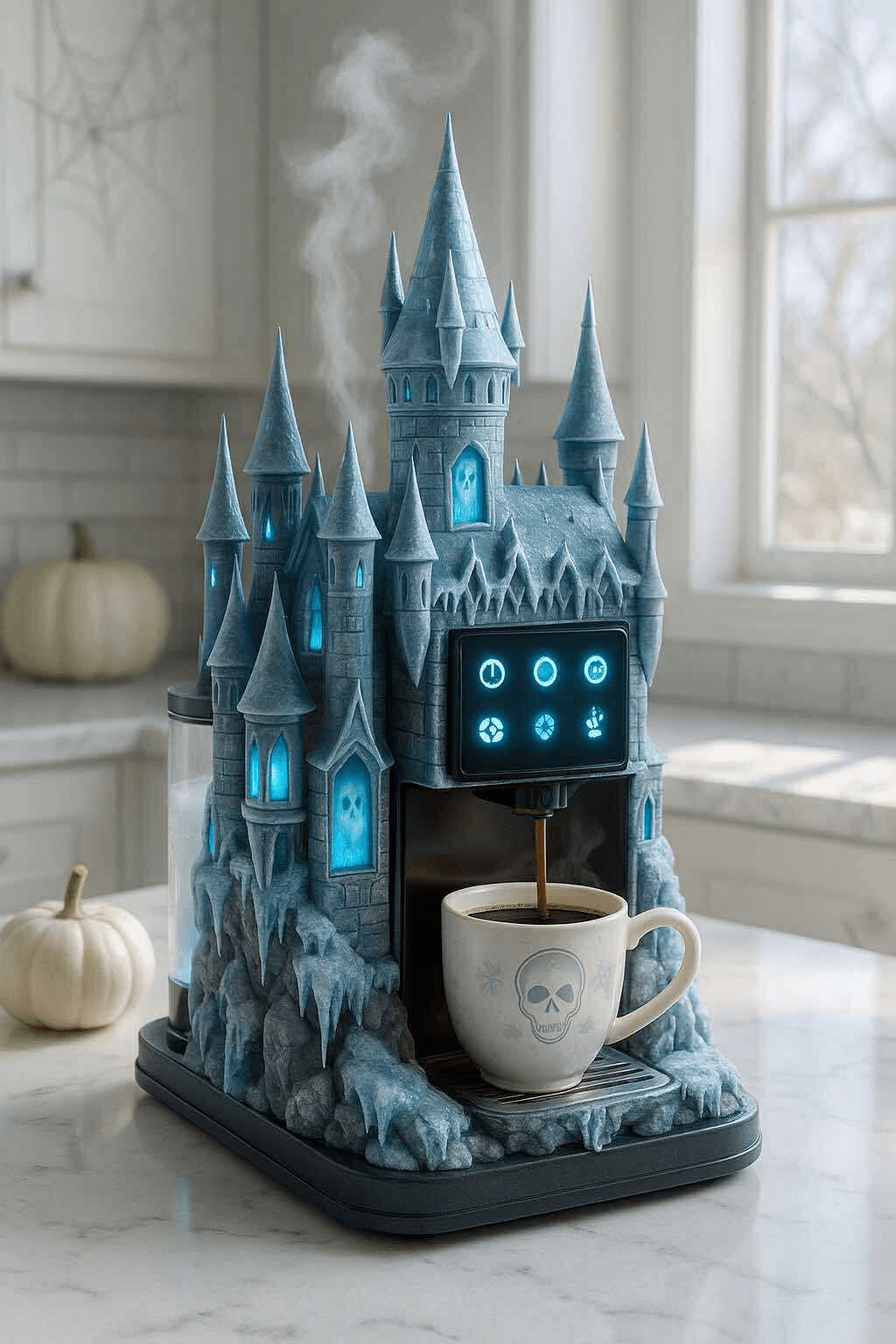 A blue icy castle coffee maker with frosty spires and a skull-decorated mug.