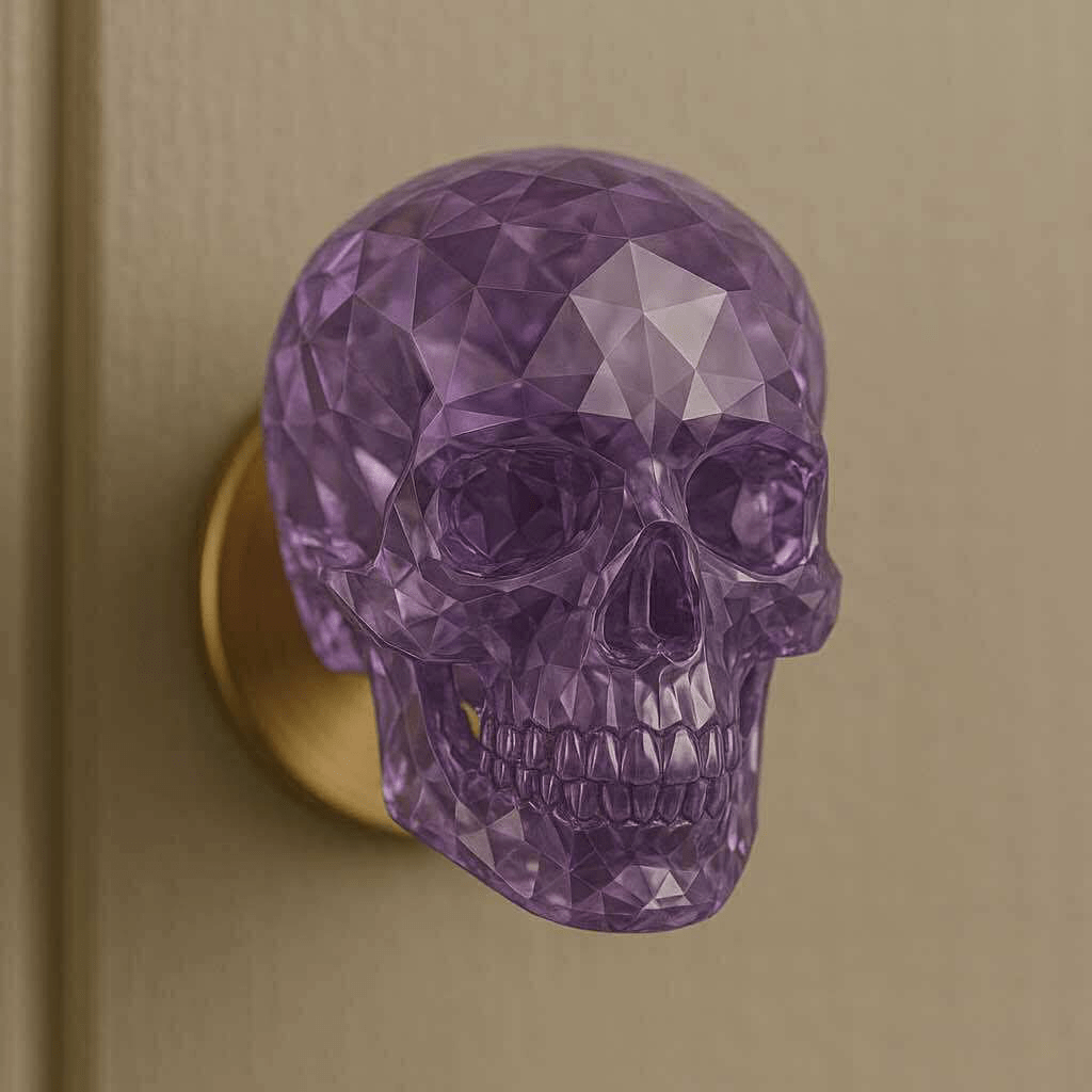 Purple crystal skull-shaped door knob on beige door