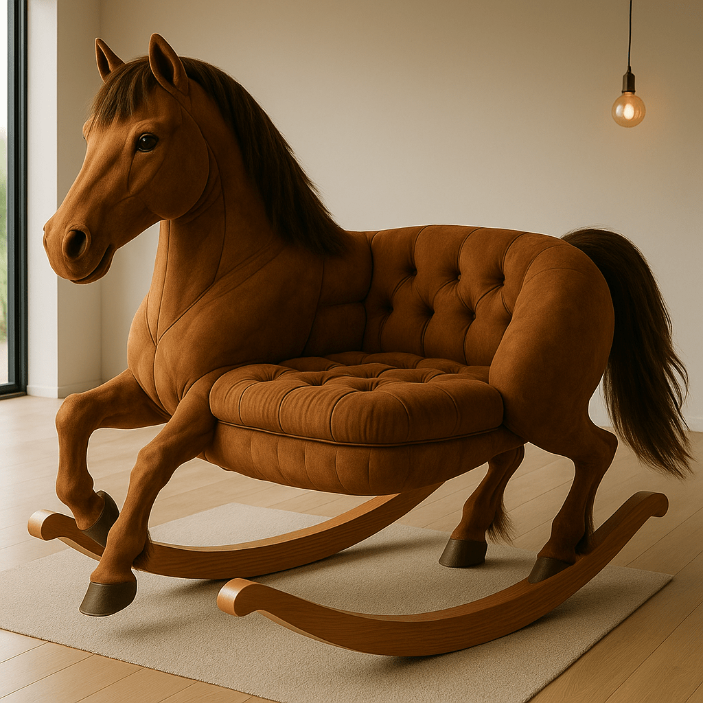 Warm brown horse-inspired rocking sofa with soft tufted seat and realistic tail detailing.