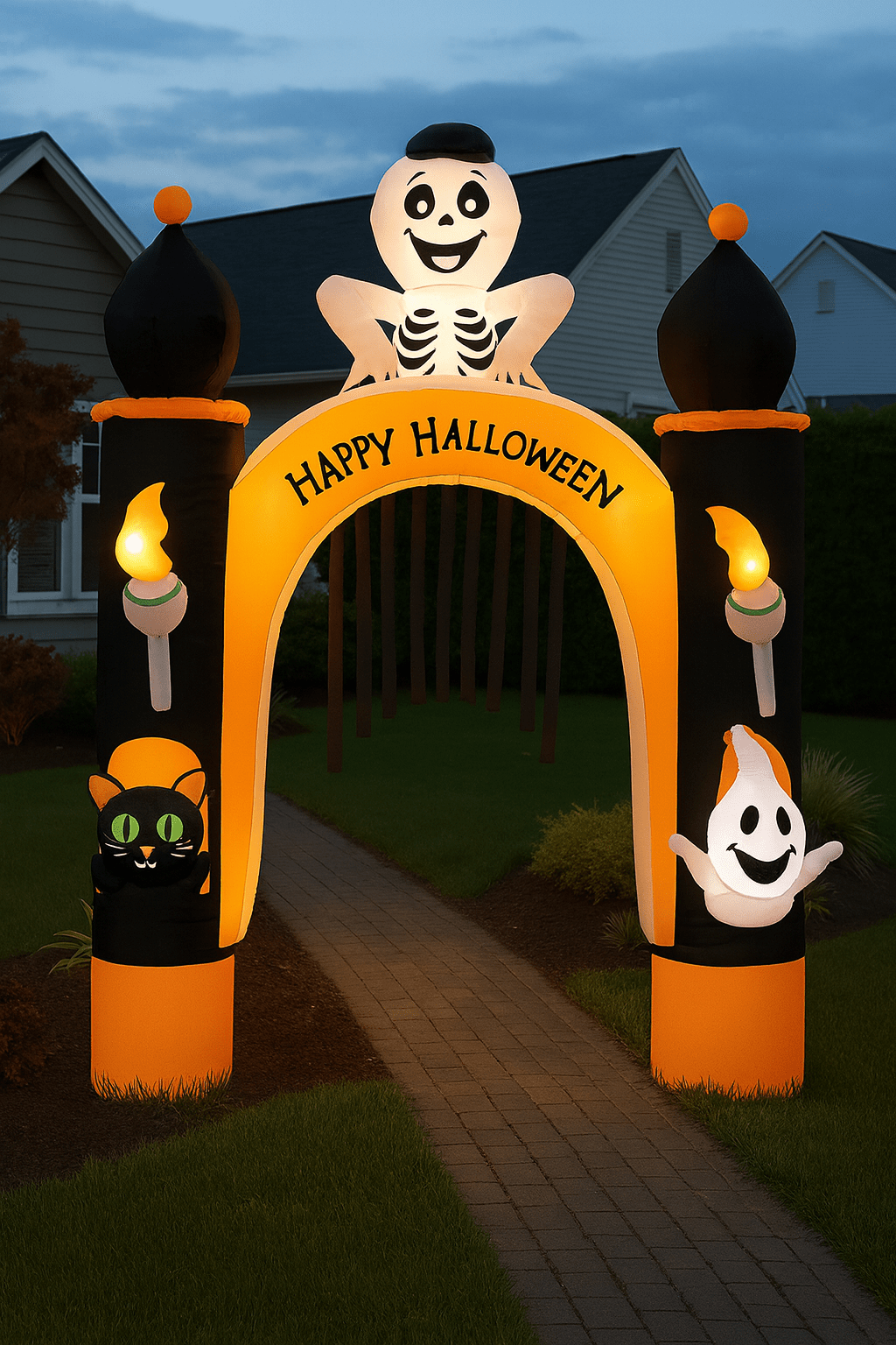 Large inflatable Halloween archway with skeleton, ghost, and black cat decorations
