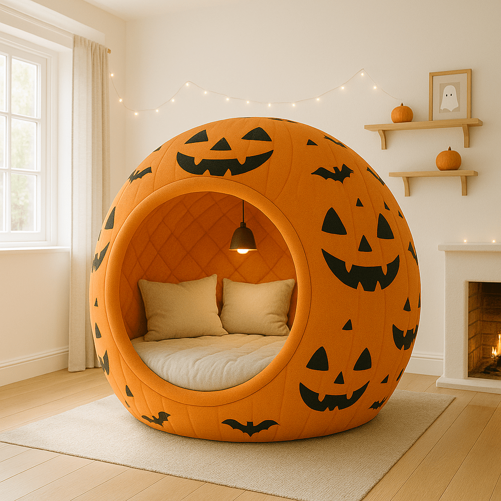 Orange pumpkin-themed dome sofa with black jack-o’-lantern faces and bats for Halloween décor.
