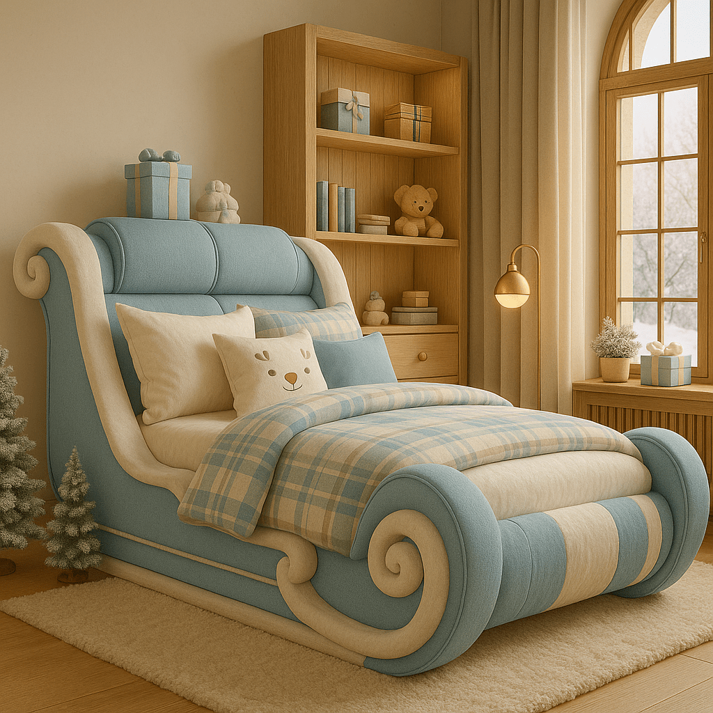Blue and white sleigh bed with plaid duvet and festive winter décor in a wooden bedroom.