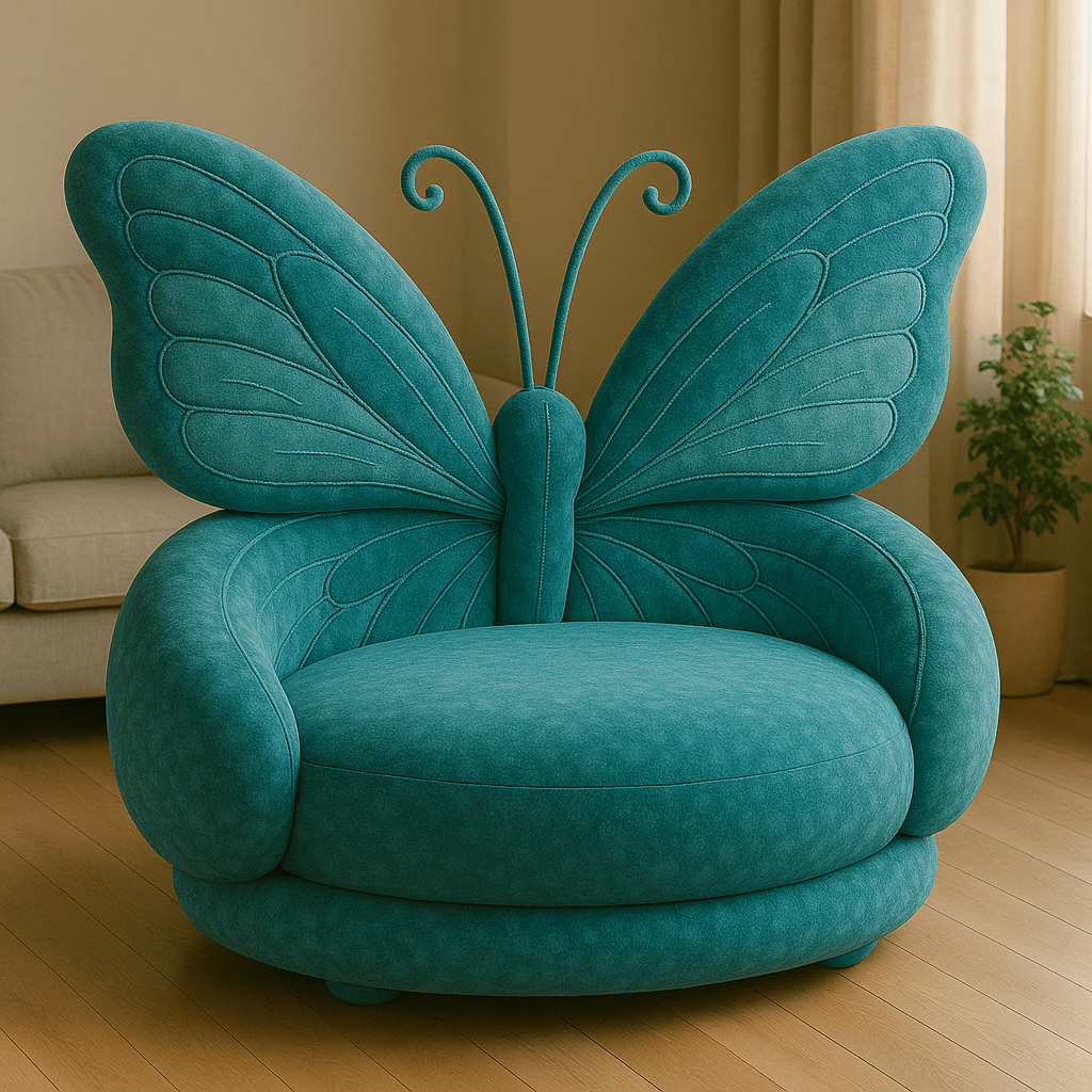 Teal butterfly sofa with elegant sculptural wings in a contemporary neutral living room