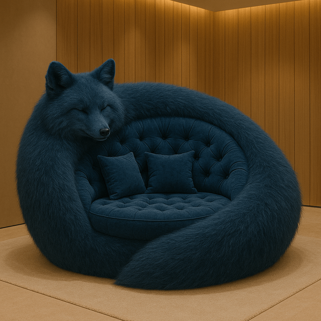 Deep blue pod chair with tufted cushions in a contemporary interior