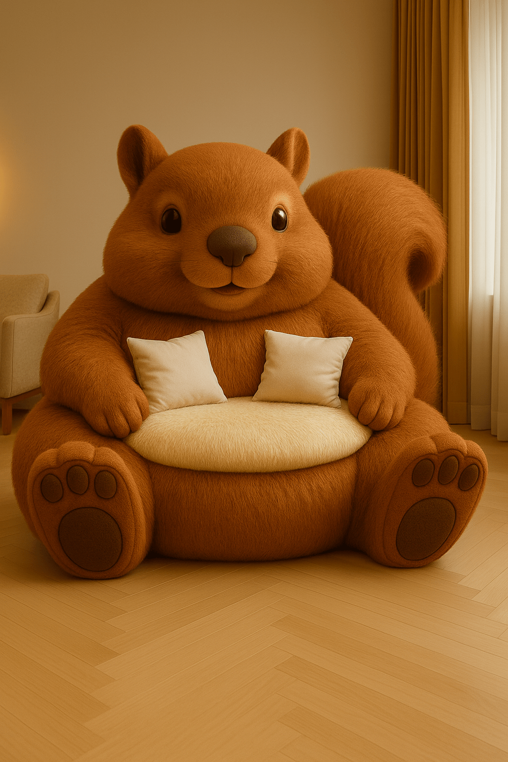 Large chestnut-coloured squirrel with beige cushions and rounded design in a minimalist home interior.