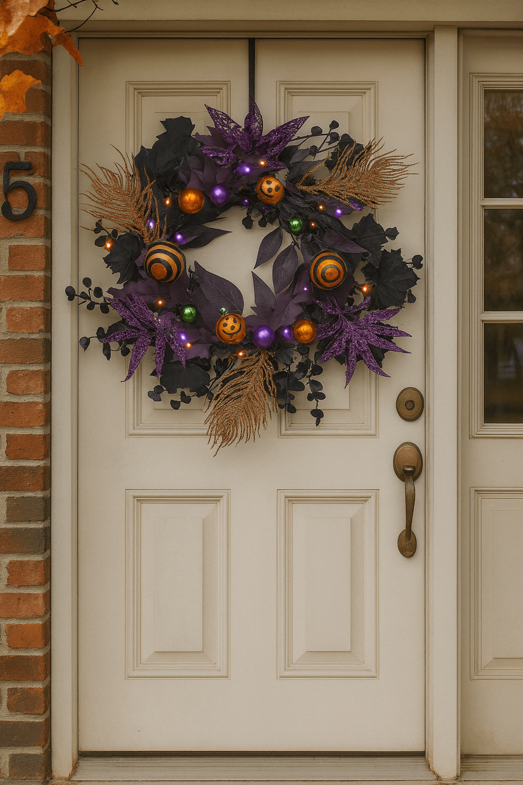 Elegant Halloween wreath with purple leaves, gold sprays, and small pumpkins on a white front door.