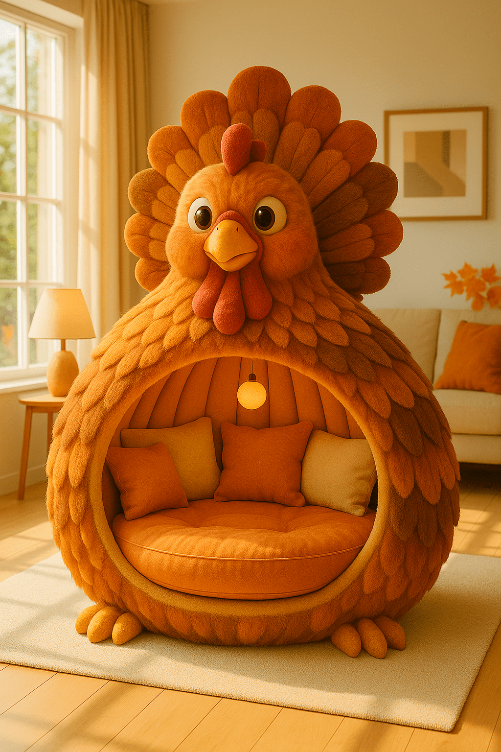 Bright orange turkey-shaped reading pod with amber lighting and soft cushions in a cosy lounge setting