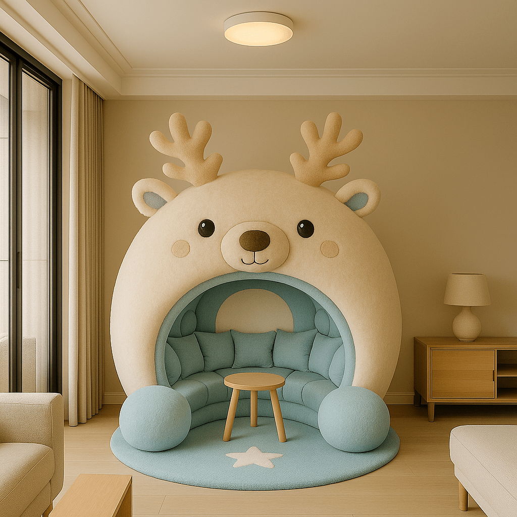 Beige and blue reindeer pod chair with soft rounded seating and a star-pattern rug