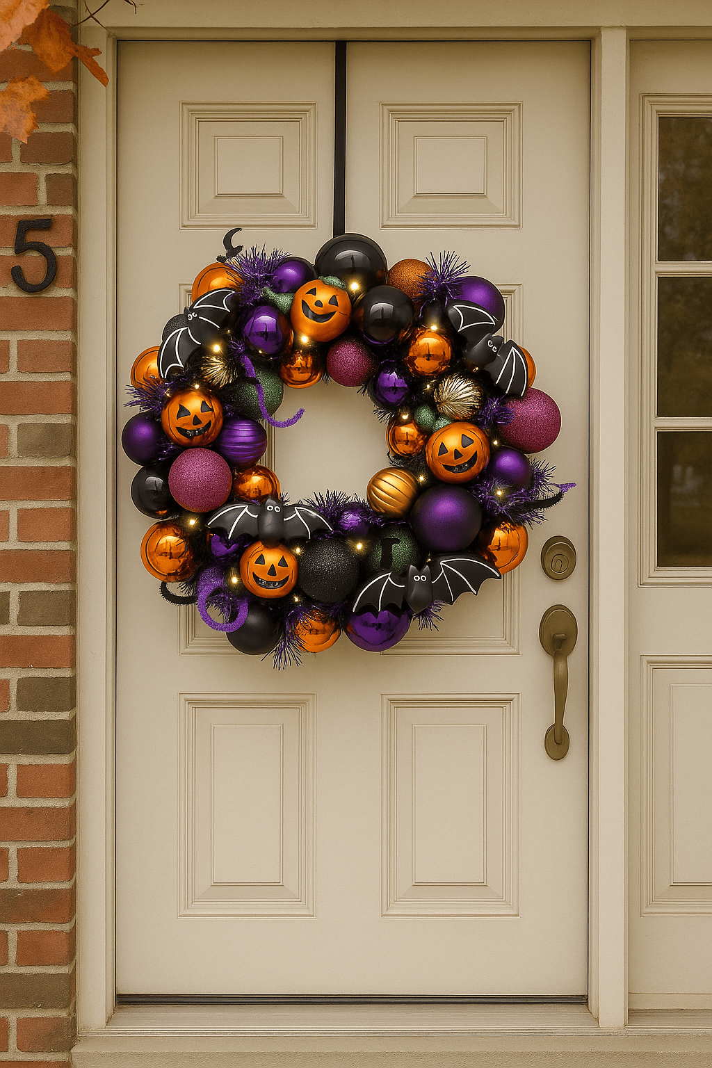 Modern Halloween wreath made of orange, purple, and black baubles with pumpkin and bat accents.