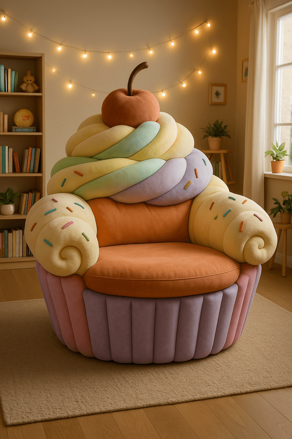 Whimsical cupcake-style armchair in orange and lilac tones with sprinkles and a plush cherry top