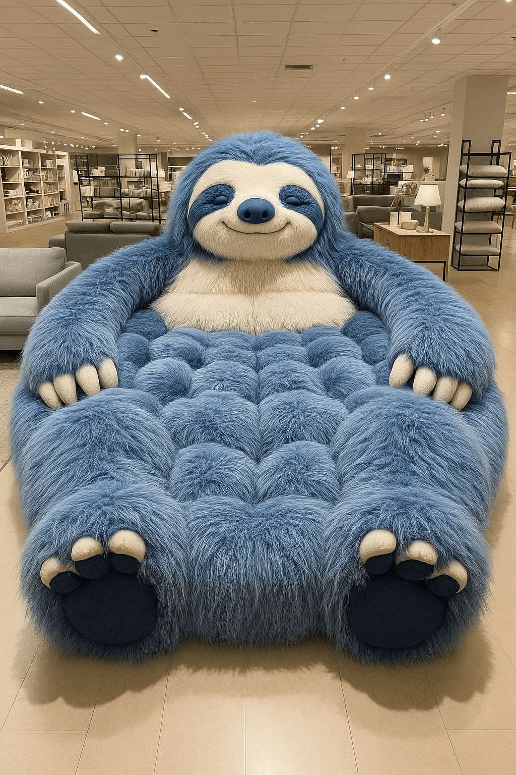 Giant blue sloth-inspired plush chair with padded texture displayed in a modern furniture showroom.