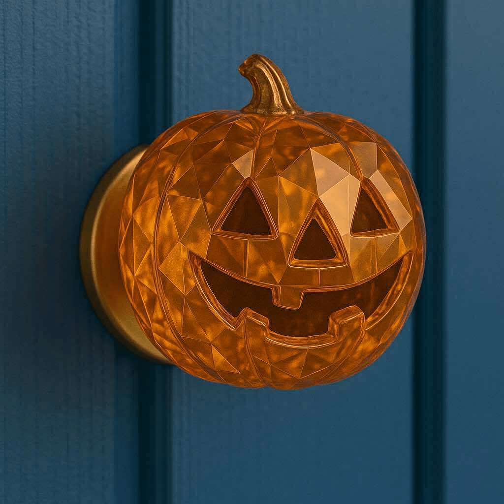 Amber pumpkin-shaped crystal door knob with smiling face on blue background