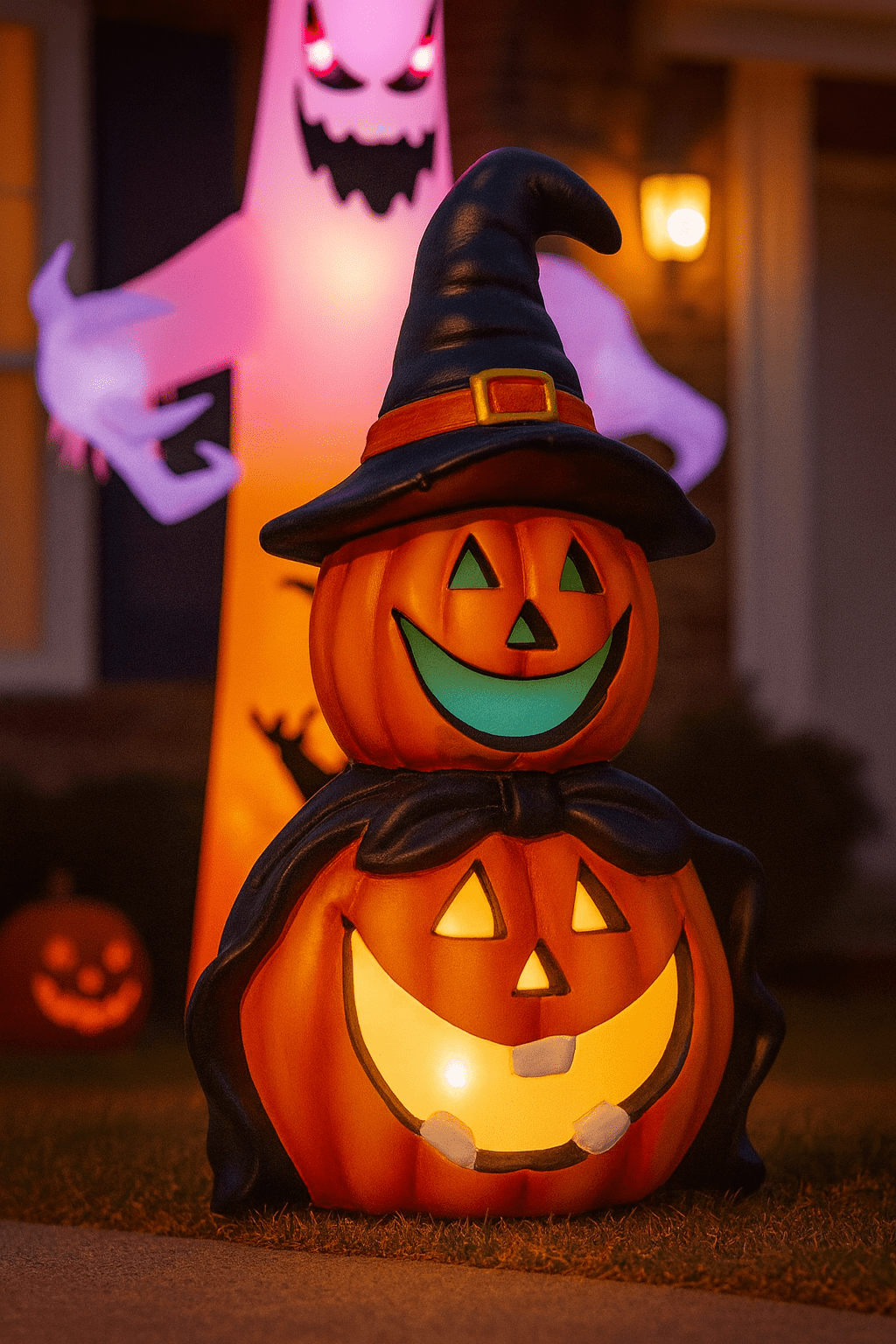 Two stacked pumpkin inflatables with witch hat glowing in a suburban garden at dusk