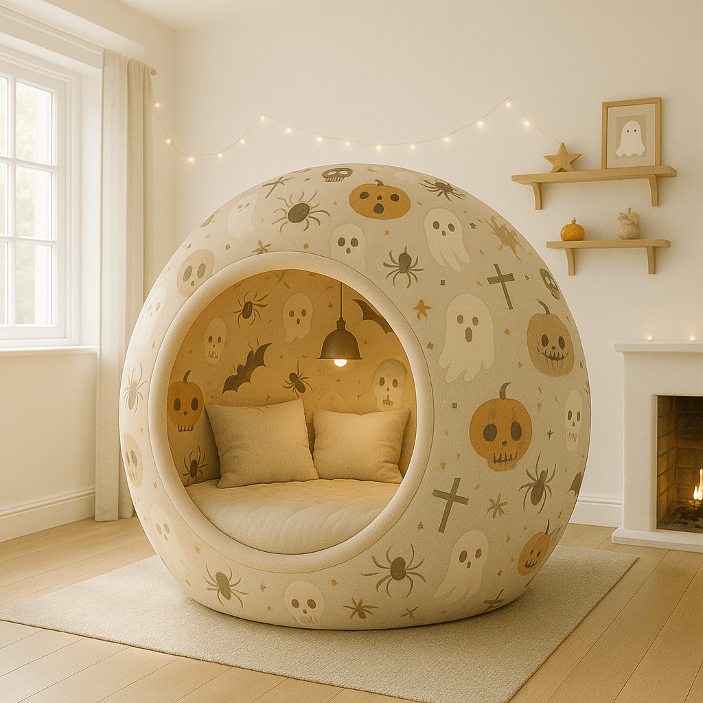 Cream dome sofa with pumpkins, ghosts, and bats pattern creating a playful autumn theme.