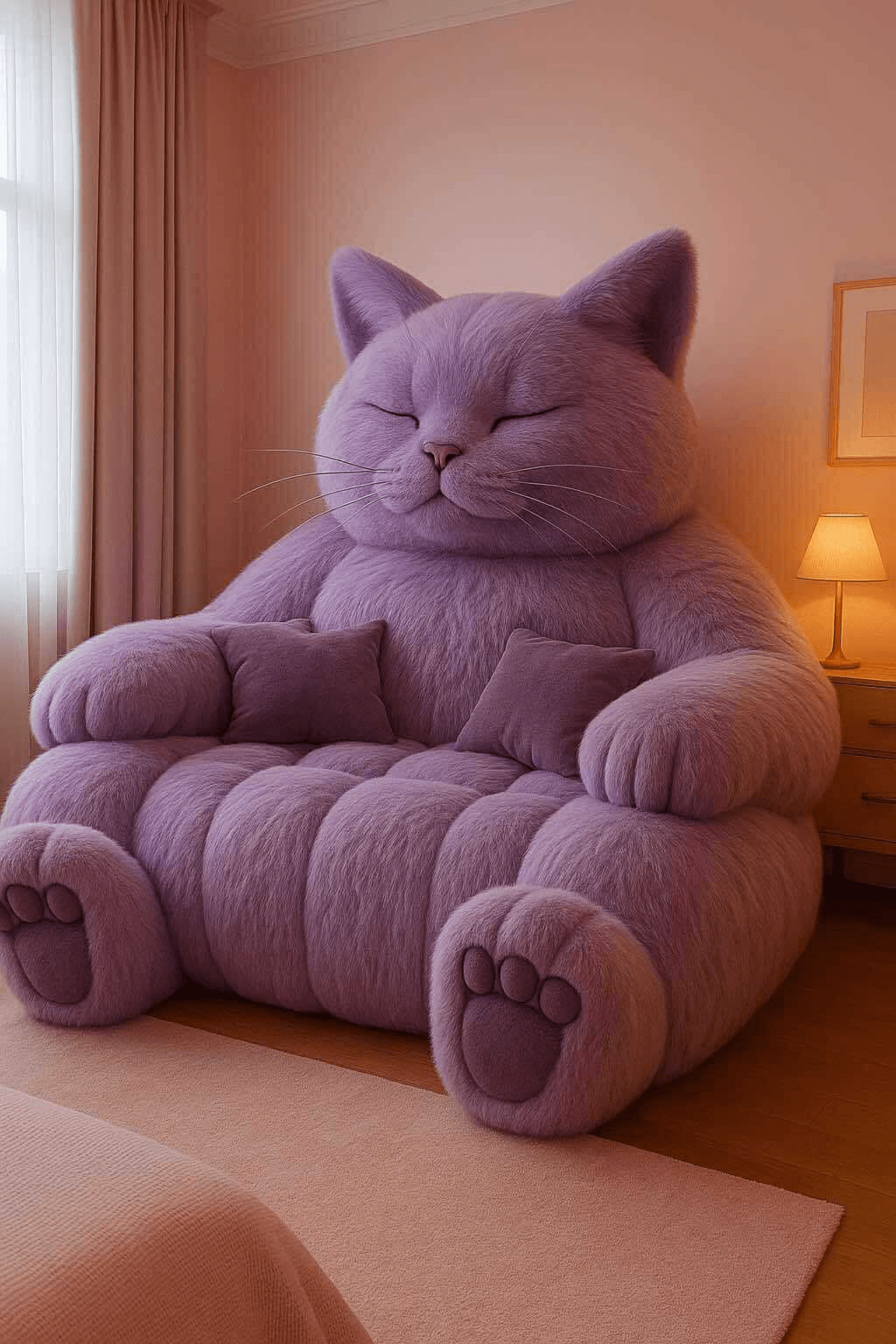 Oversized lilac sofa with soft lighting in a cosy pink bedroom.