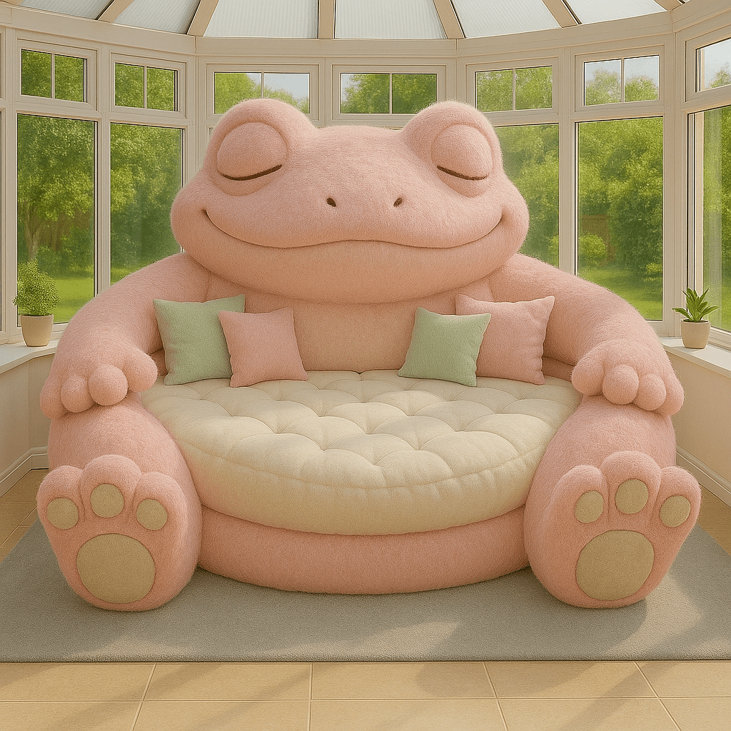 Adorable pink frog-shaped sofa featuring pastel cushions in a modern home setting