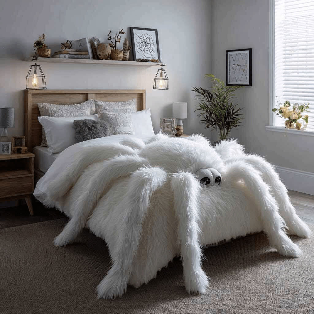 White spider bed with faux fur and clean Scandinavian-inspired interior