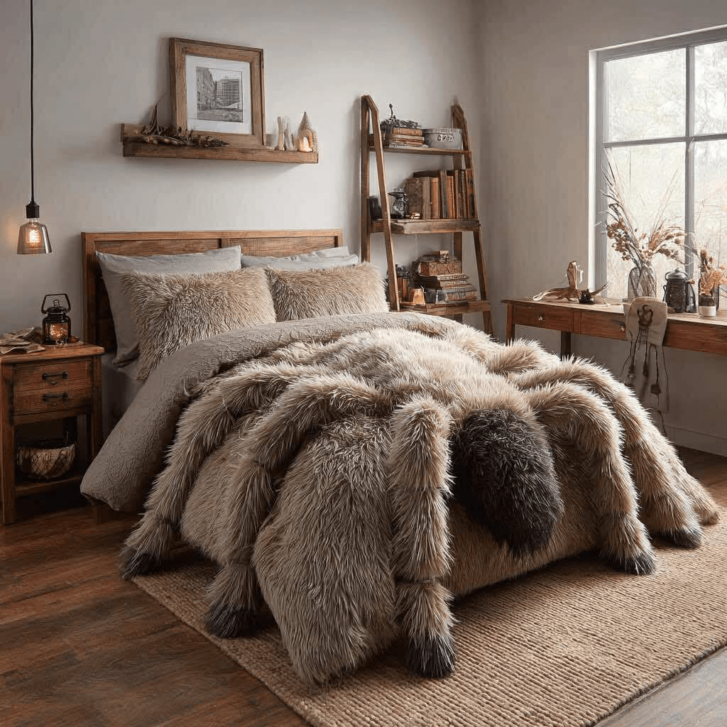 Brown spider-shaped faux-fur bed in rustic wooden bedroom décor