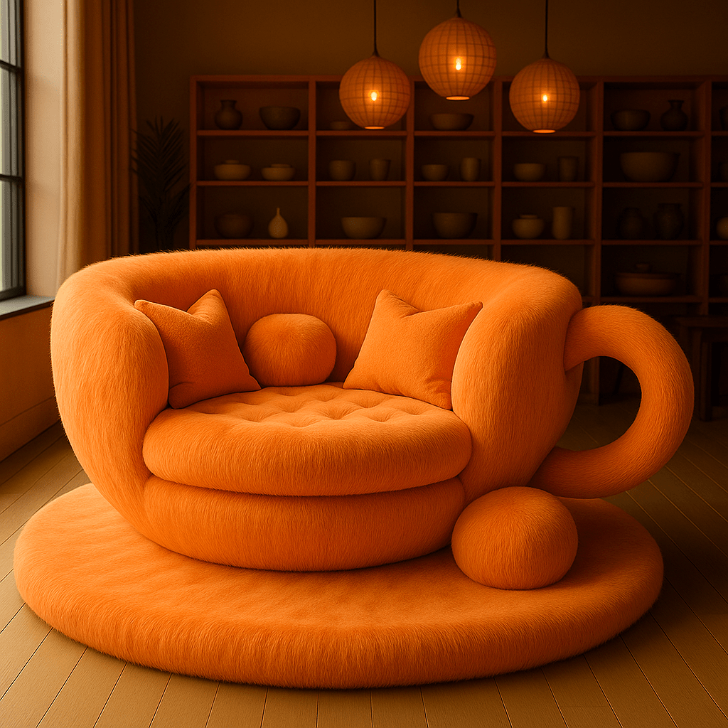 Bright orange teacup-shaped sofa in a modern living space with warm wooden tones.