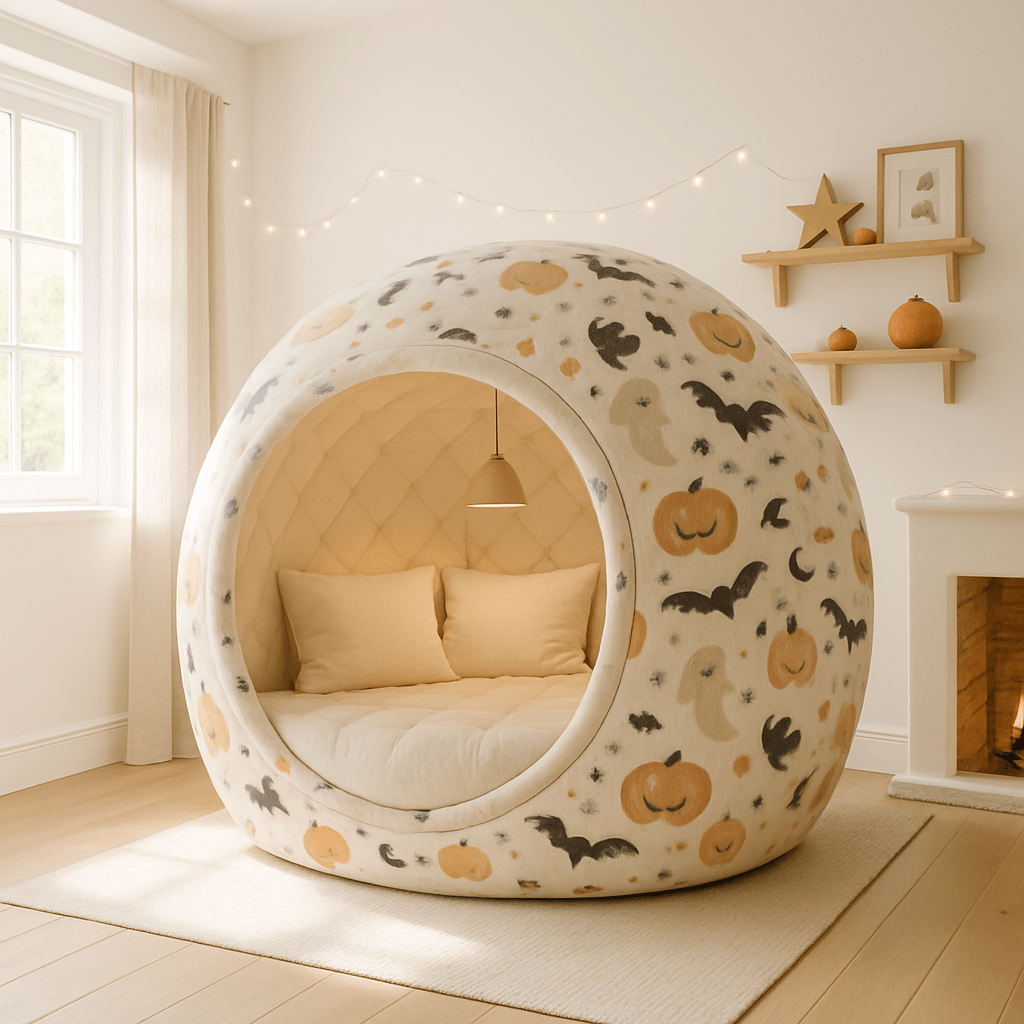 Beige Halloween dome sofa featuring ghosts, pumpkins, bats, and skulls in a cosy living room.